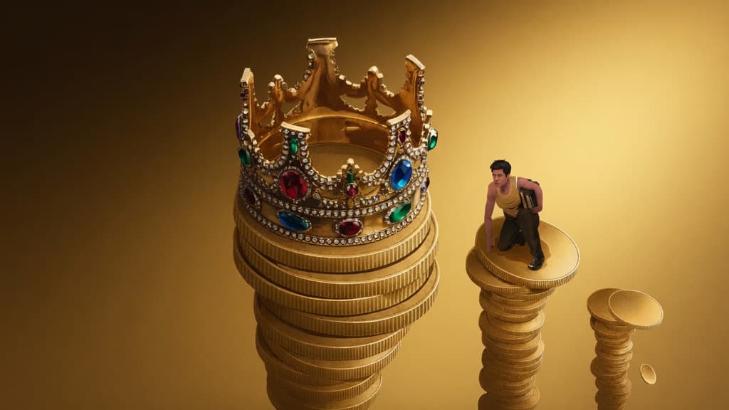 Ornate golden crown atop a stack of gold coins